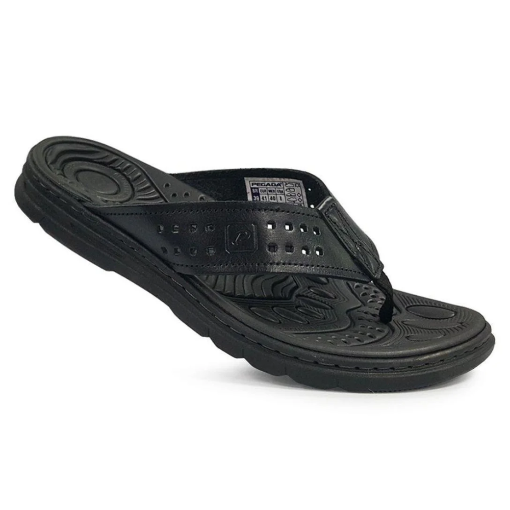 Chinelo Masculino Pegada Em Couro Preto