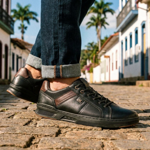 Sapatênis Masculino Pegada em Couro Preto 110605-04