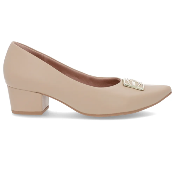 Scarpin Bico Fino Couro Bege Salto Bloco AM33002