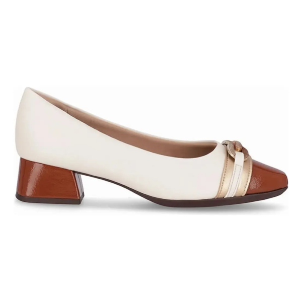 Sapato Feminino Piccadilly Joanete Salto Médio Off White e Conhaque 160099