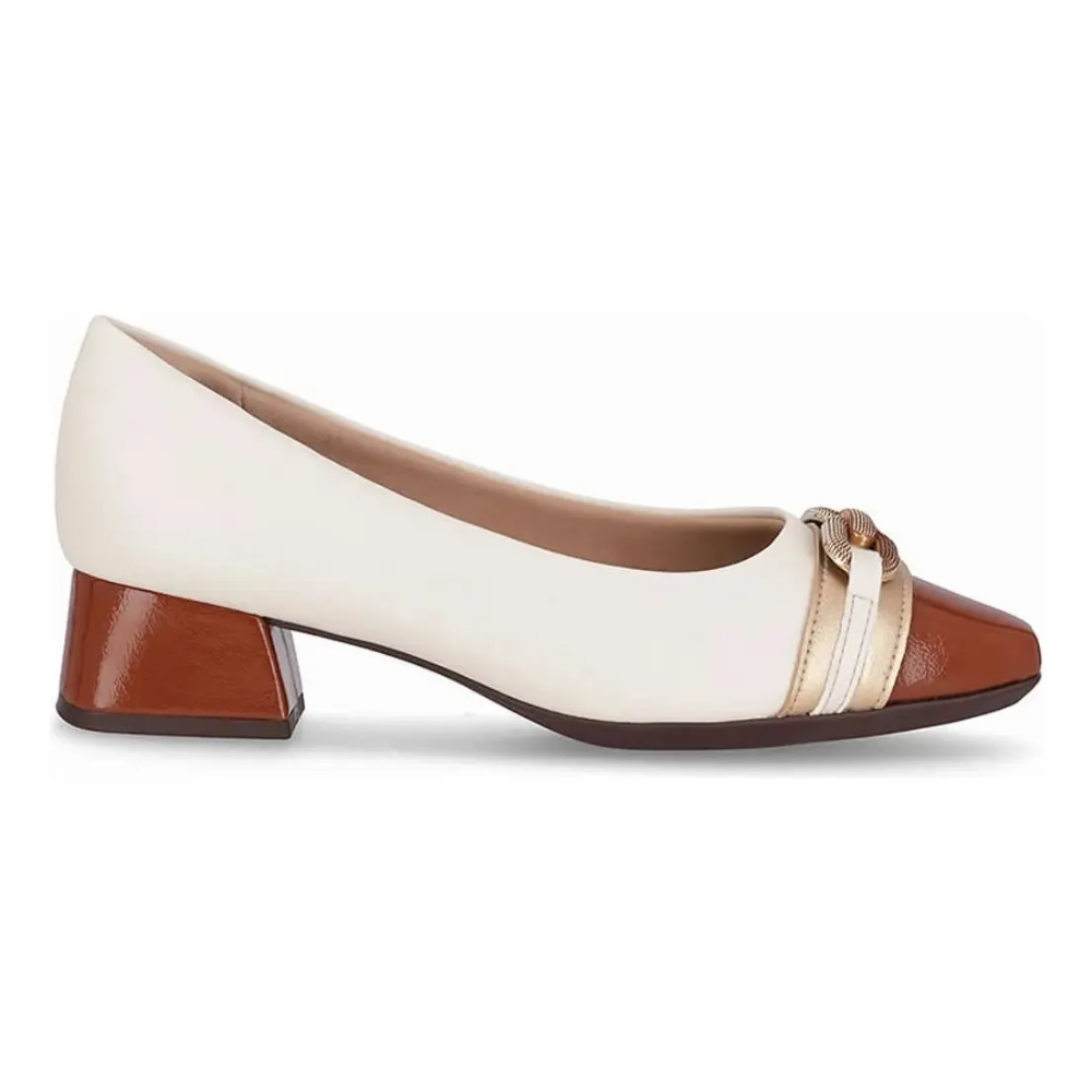Sapato Feminino Piccadilly Joanete Salto Médio Off White e Conhaque 160099