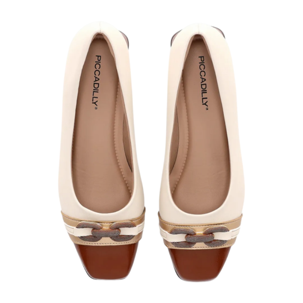 Sapato Feminino Piccadilly Joanete Salto Médio Off White e Conhaque 160099