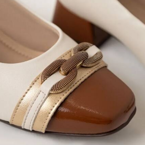 Sapato Feminino Piccadilly Joanete Salto Médio Off White e Conhaque 160099