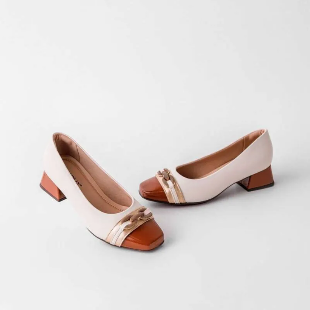 Sapato Feminino Piccadilly Joanete Salto Médio Off White e Conhaque 160099 - Imagem 6