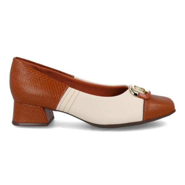 Sapato Feminino Piccadilly Salto Bloco Conforto Off-white e Ocre 160105