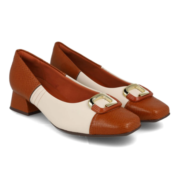 Sapato Feminino Piccadilly Salto Bloco Conforto Off-white e Ocre 160105