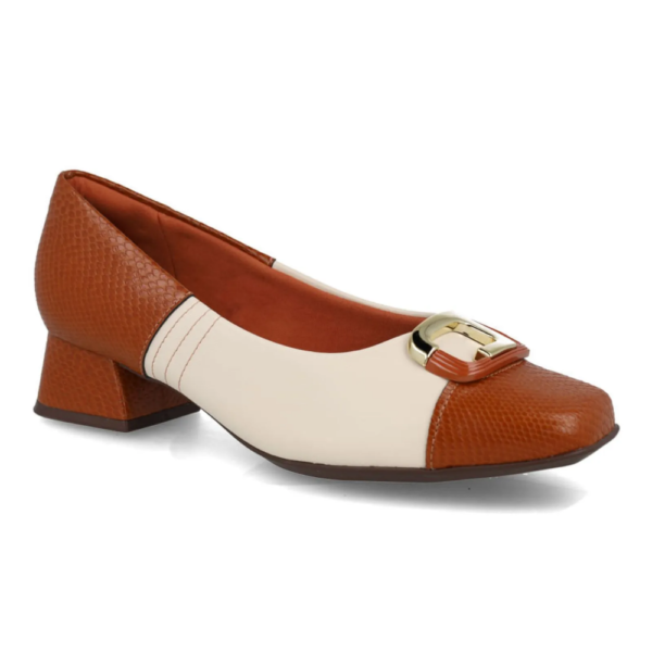 Sapato Feminino Piccadilly Salto Bloco Conforto Off-white e Ocre 160105