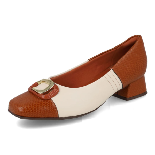 Sapato Feminino Piccadilly Salto Bloco Conforto Off-white e Ocre 160105
