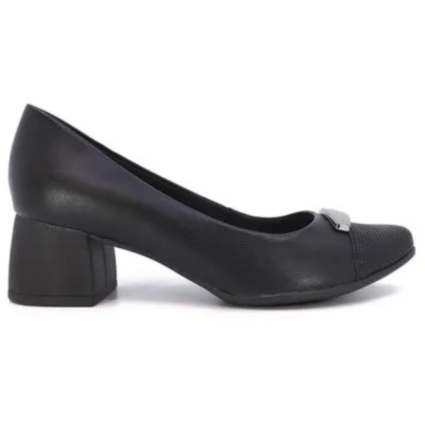 Scarpin Salto Bloco Bico Redondo Couro Preto AK0302