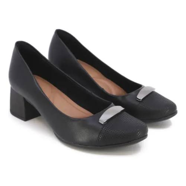 Scarpin Salto Bloco Bico Redondo Couro Preto AK0302
