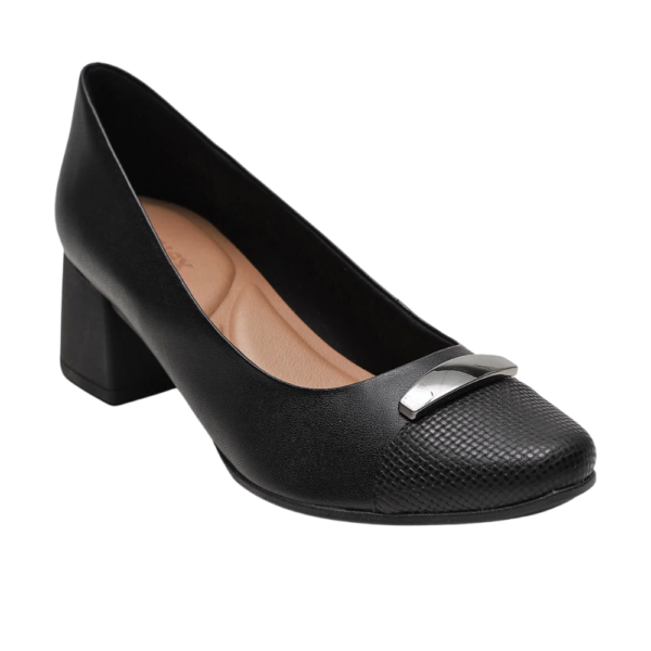 Scarpin Salto Bloco Bico Redondo Couro Preto AK0302