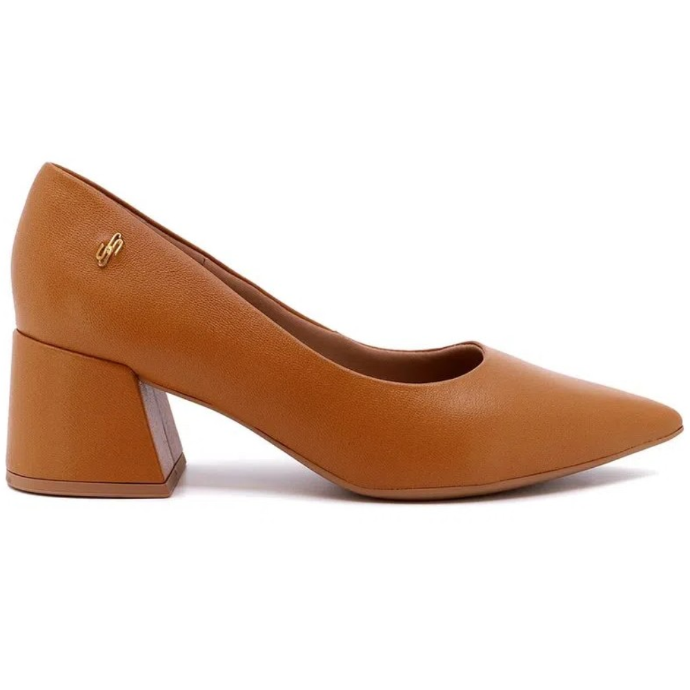 Scarpin Usaflex Salto Bloco Bico Fino Couro Marrom AK0201