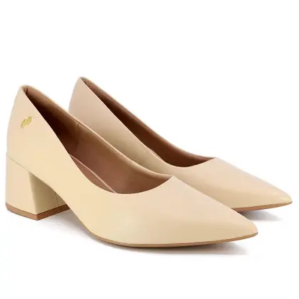 Scarpin Salto Bloco Bico Fino Couro Off-white AK0201