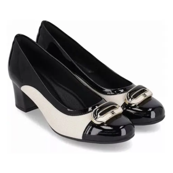 Sapato Scarpin Feminino Piccadilly Vernizado Preto e Off-white 110165