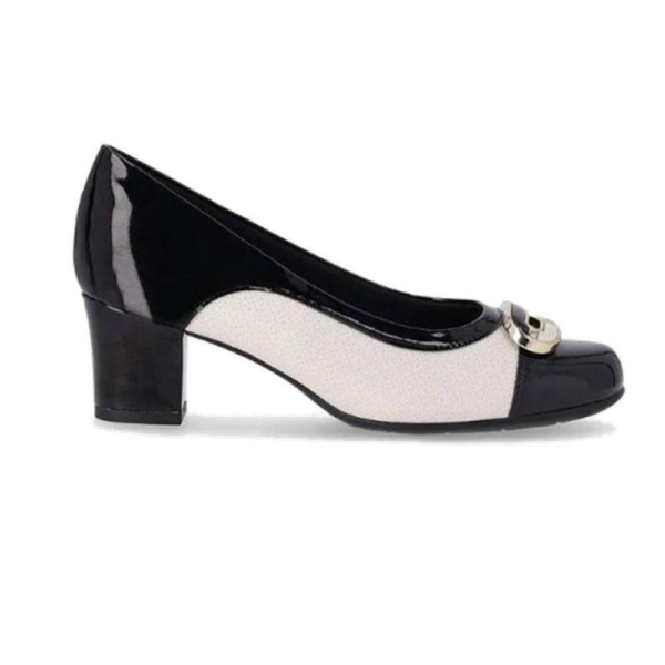 Sapato Scarpin Feminino Piccadilly Vernizado Preto e Off-white 110165