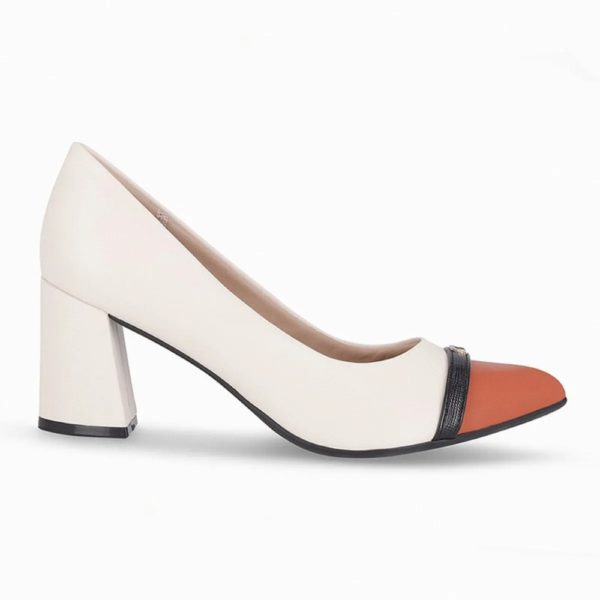 Sapato Feminino Piccadilly Salto Bloco Grosso Off-white e Laranja 745218