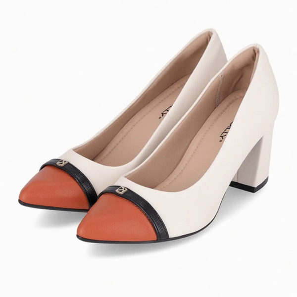Sapato Feminino Piccadilly Salto Bloco Grosso Off-white e Laranja 745218