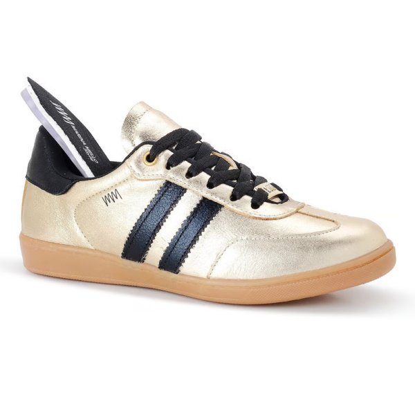 Tênis Marina Mello Palmilha em Gel em Couro Dourado com Listra Preta 12154LUM