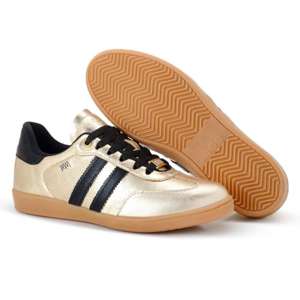 Tênis Marina Mello Palmilha em Gel em Couro Dourado com Listra Preta 12154LUM