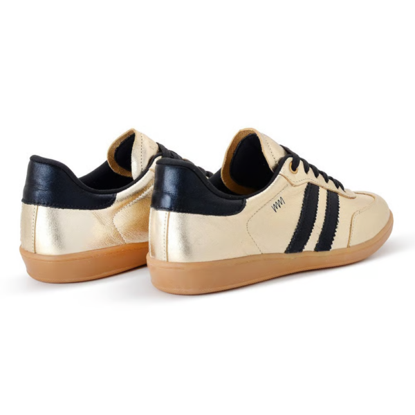 Tênis Marina Mello Palmilha em Gel em Couro Dourado com Listra Preta 12154LUM