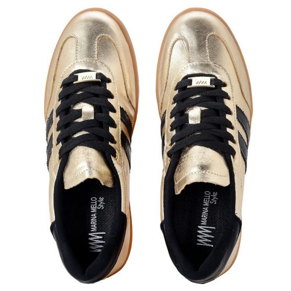 Tênis Marina Mello Palmilha em Gel em Couro Dourado com Listra Preta 12154LUM