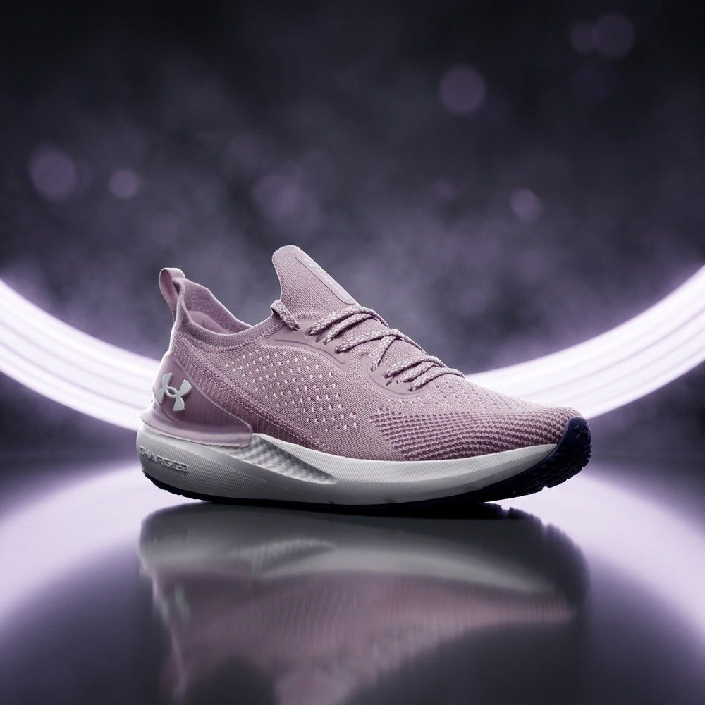 Arte ilustrativa do tênis Under Armour Charged Quicker feminino roxo com rastros de luz em estúdio escuro