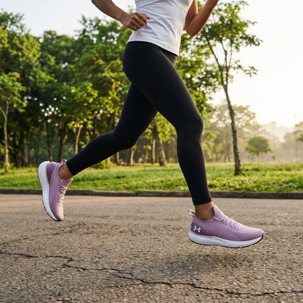 Mulher correndo no parque com o tênis Under Armour Charged Quicker roxo — foto ilustrativa