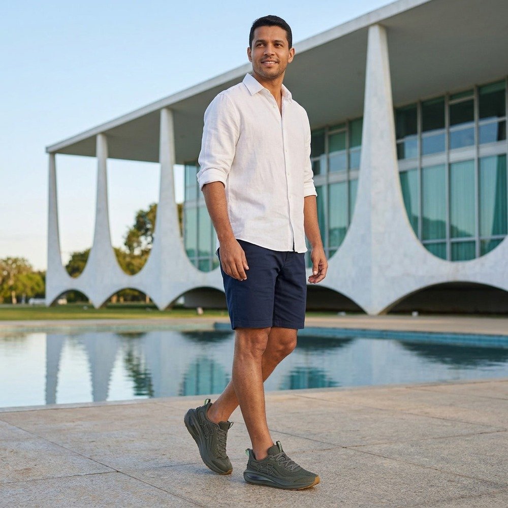 Homem caminhando com o tênis Under Armour Charged Skyline 5 cinza no Palácio da Alvorada, Brasília — foto ilustrativa