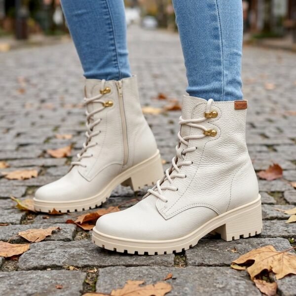 Bota Coturno Feminina Bottero em Couro Burnish Off White 349108