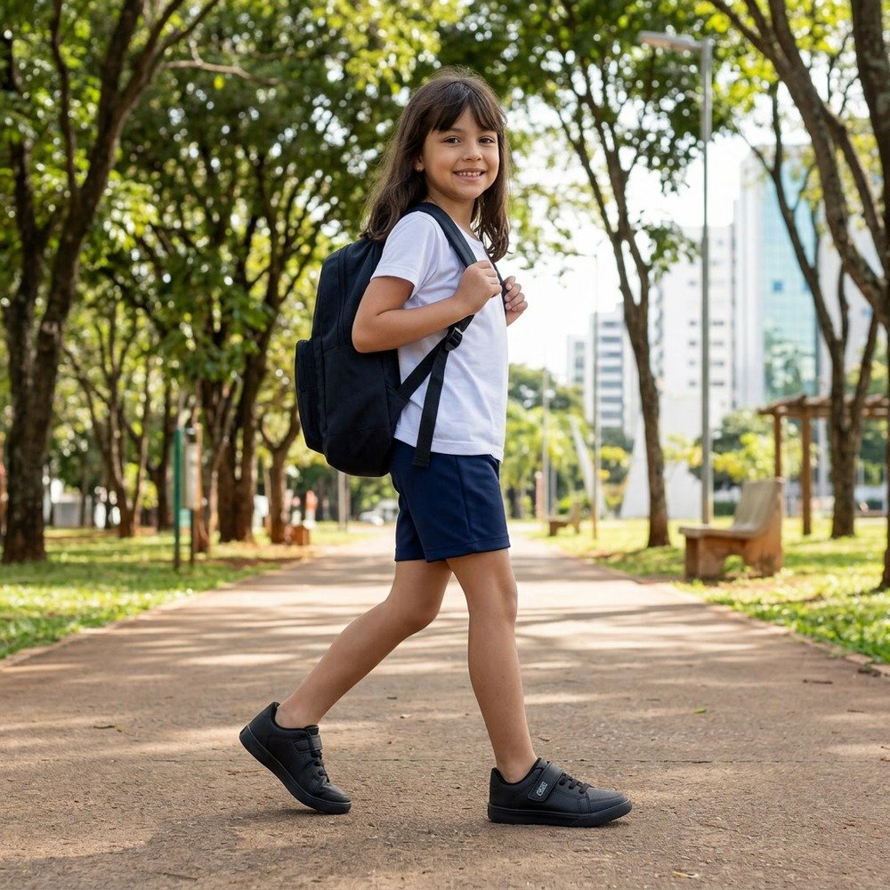 Foto ilustrativa: Tênis Klin Infantil Unissex College Preto 323030000 menina no parque