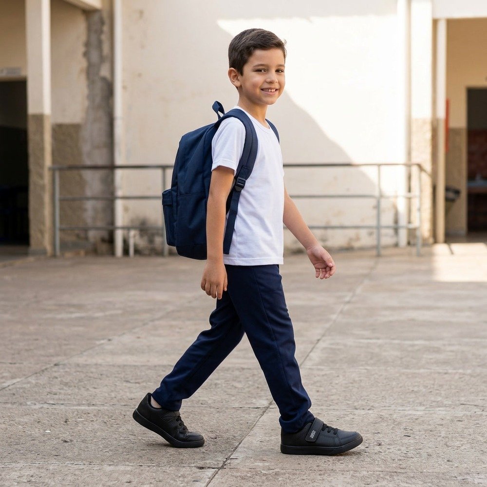Foto ilustrativa: Tênis Klin Infantil Unissex College Preto 323030000 menino na escola