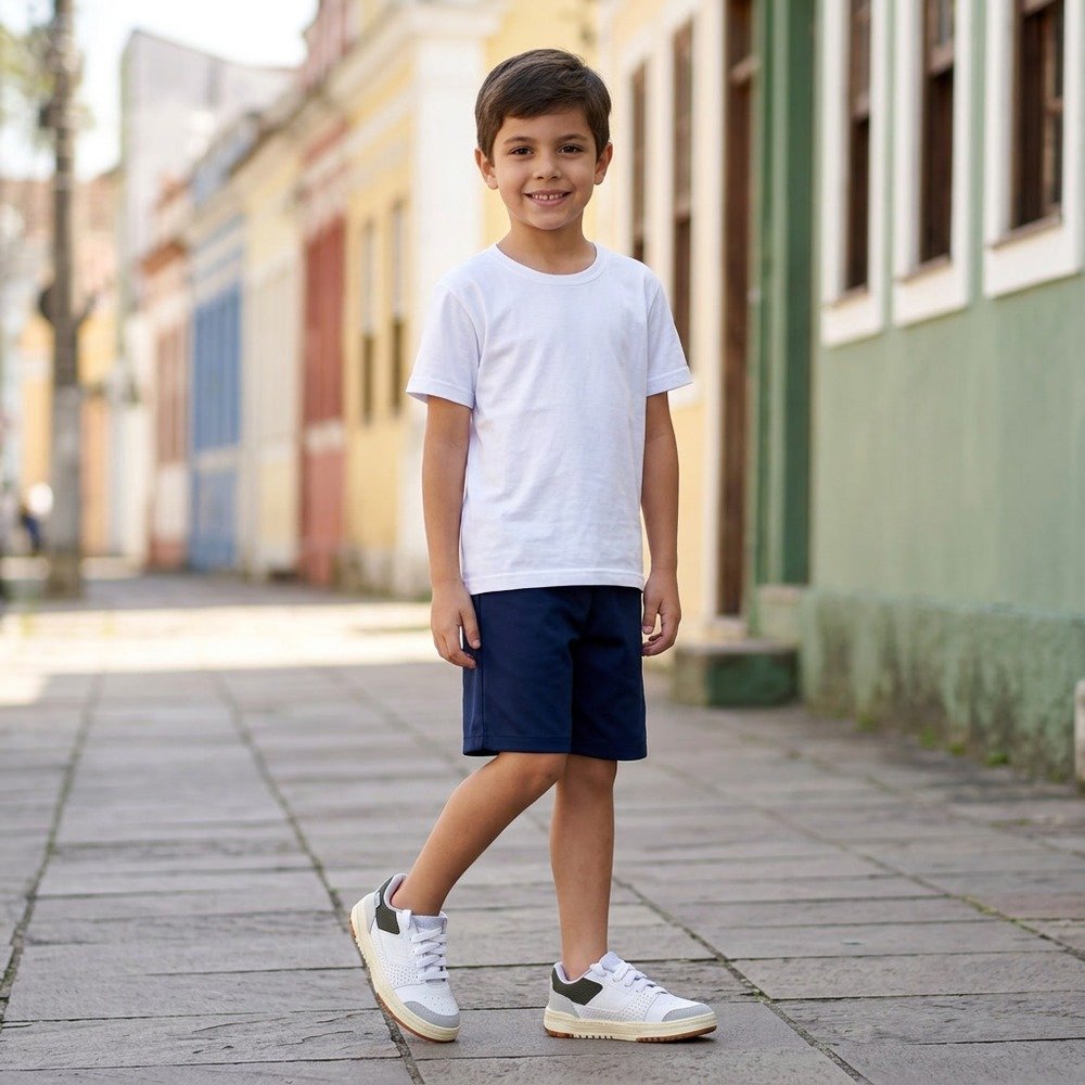 Foto ilustrativa: tênis Kidy K360 Estilo branco, cinza e verde em uso, corpo inteiro