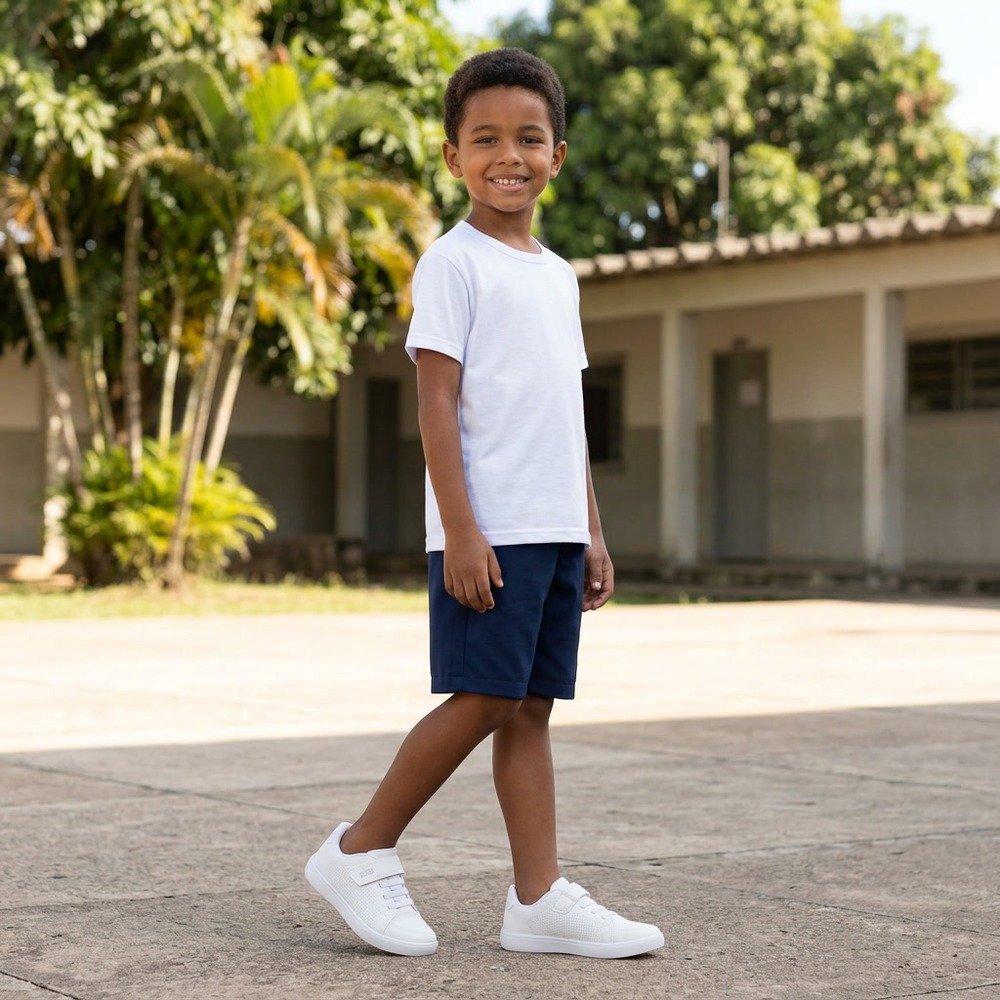 Foto ilustrativa: tênis Klin College branco com elástico e velcro em uso, corpo inteiro