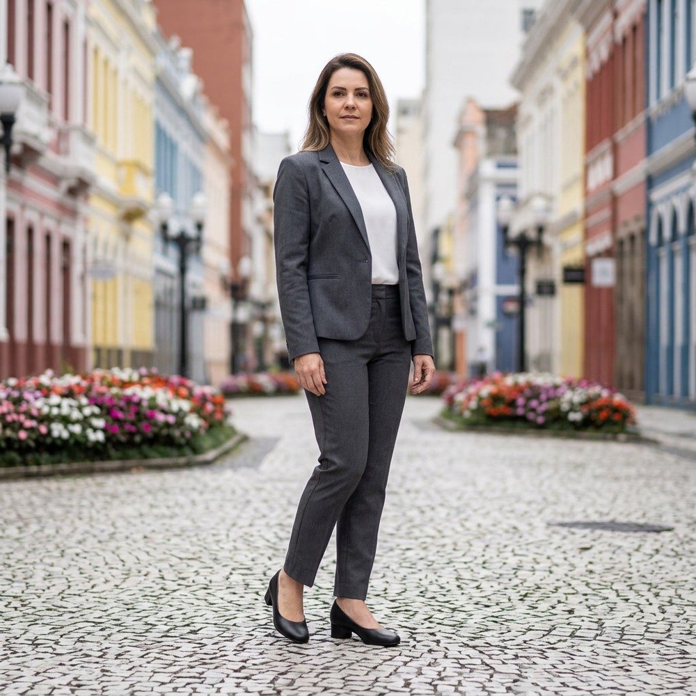 Foto ilustrativa: sapato feminino Piccadilly preto de salto bloco em uso, corpo inteiro