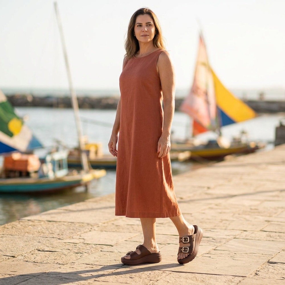 Foto ilustrativa: chinelo feminino Dijean chocolate com fivelas em uso, corpo inteiro