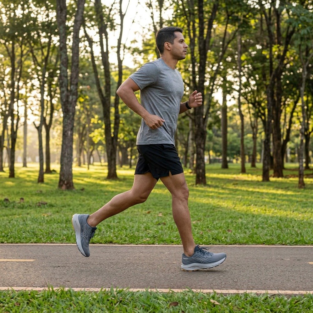 Foto ilustrativa: homem correndo no parque com o tênis Mizuno Jet 8 Cinza e Amarelo