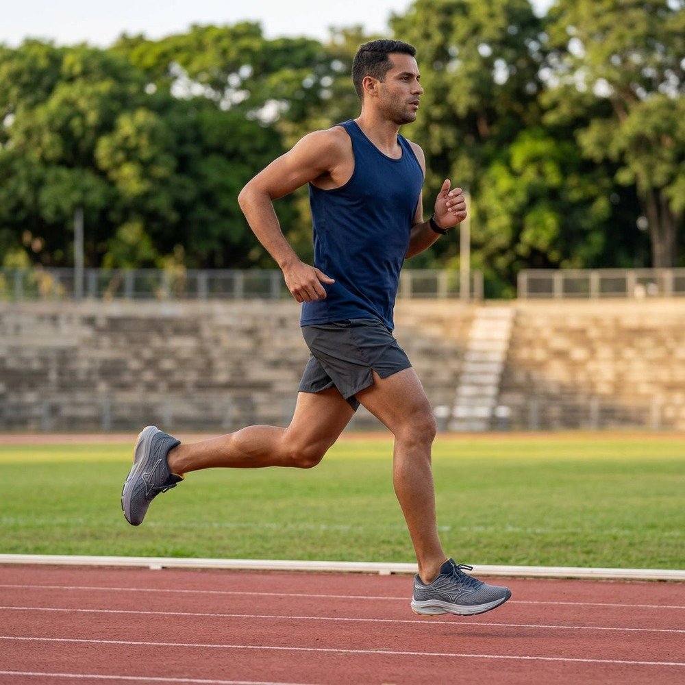 Foto ilustrativa: homem correndo na pista de atletismo com o tênis Mizuno Jet 8 Cinza e Amarelo