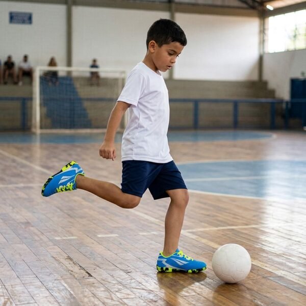 Chuteira Futsal Infantil Penalty Matis Turbo XXVI Azul/Branco/Amarelo Flúor