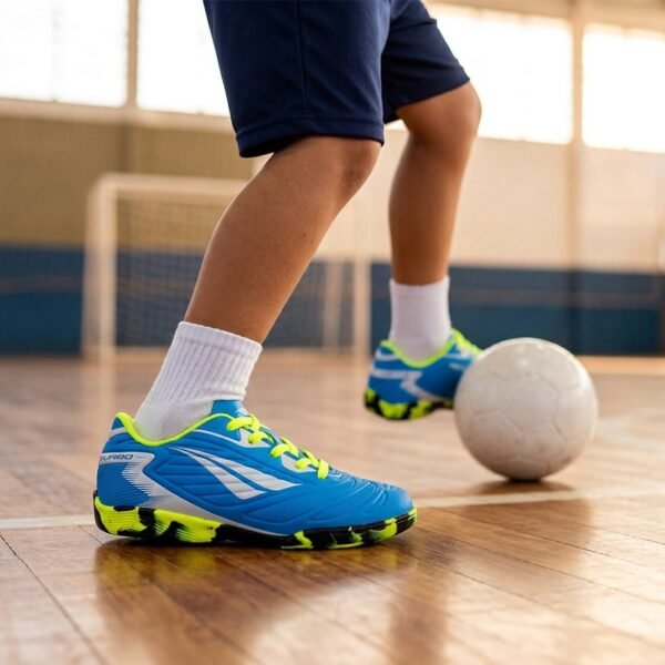 Chuteira Futsal Infantil Penalty Matis Turbo XXVI Azul/Branco/Amarelo Flúor
