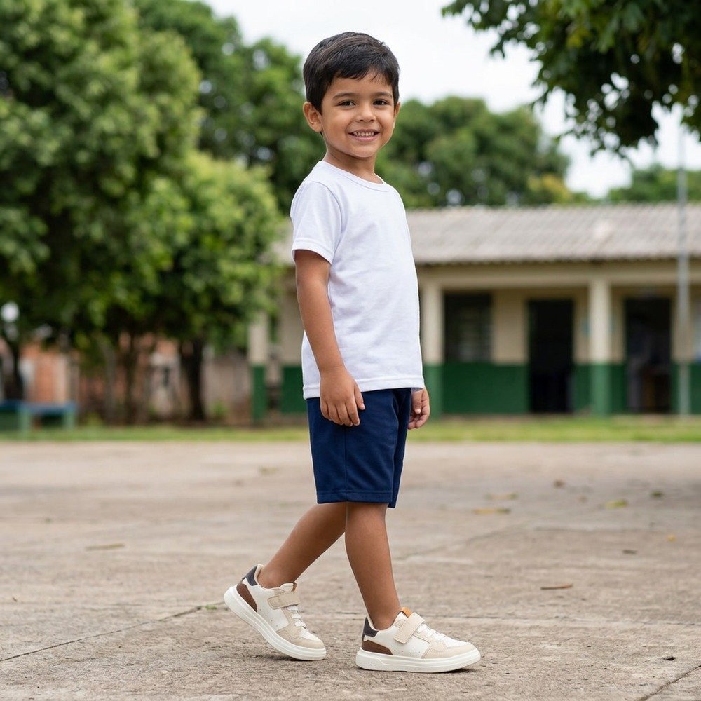 Foto ilustrativa: Tênis Klin Infantil Unissex Capri Mini Off White, Whisky e Argila em uso, corpo inteiro