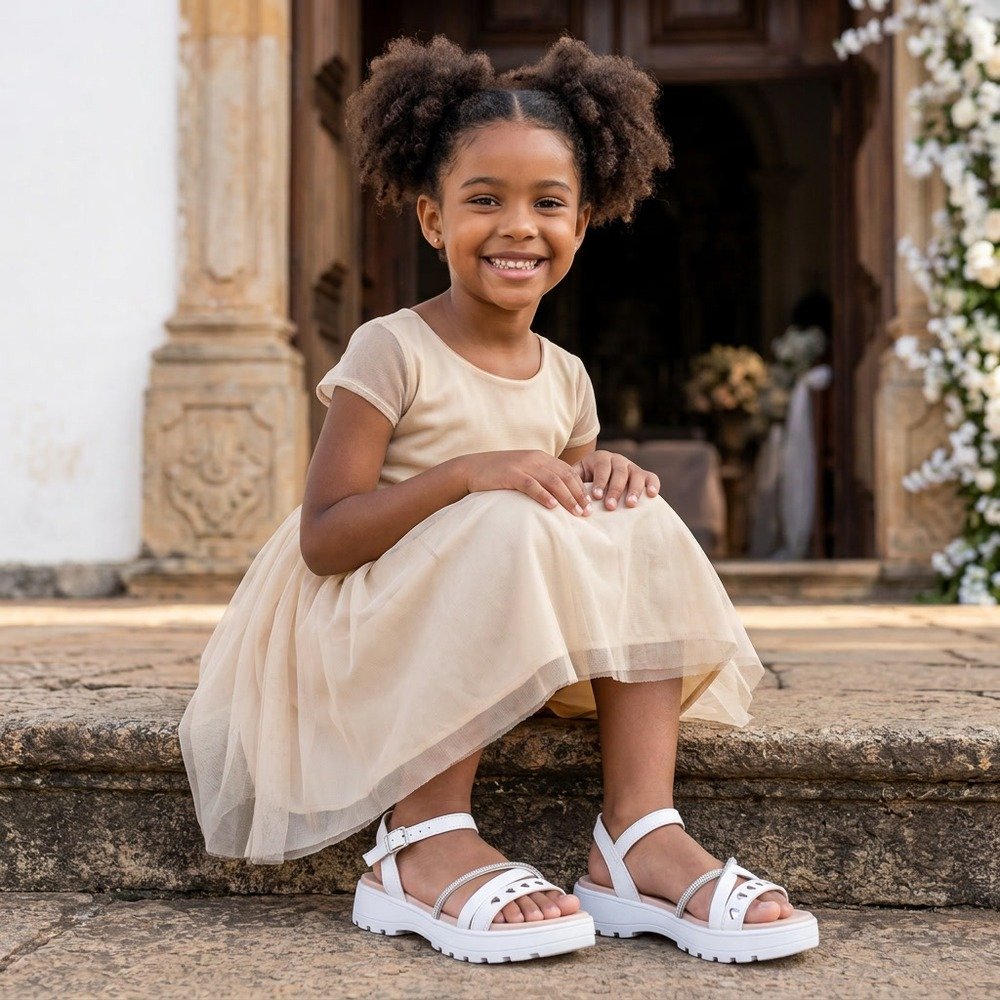 Foto ilustrativa: sandália infantil Molekinha branca e prata com corações em uso, corpo inteiro