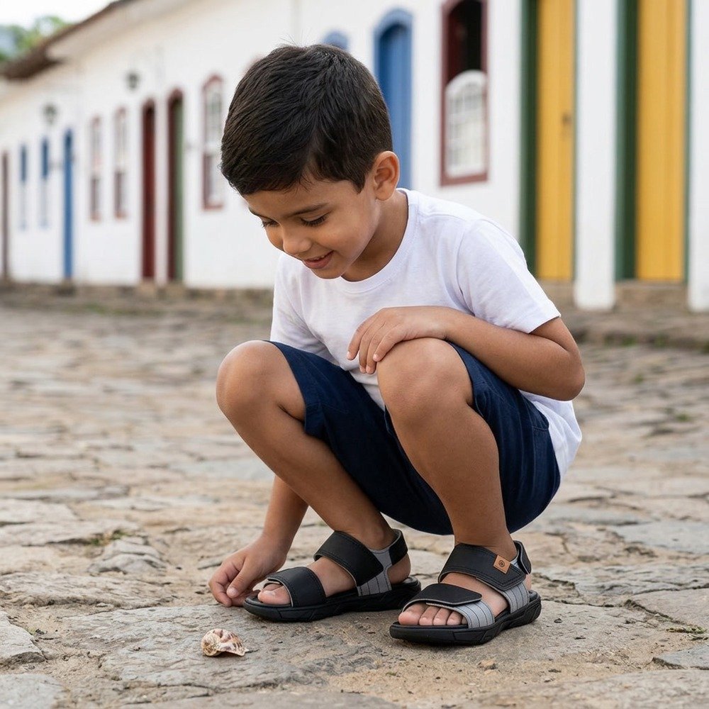 Foto ilustrativa: sandália infantil Molekinho preta e cinza em uso, corpo inteiro