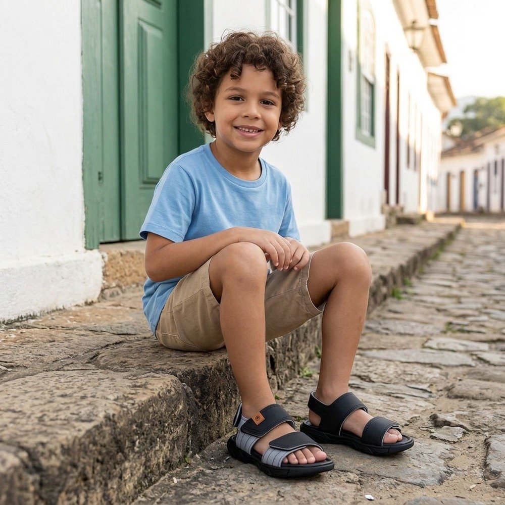 Foto ilustrativa: sandália infantil Molekinho preta e cinza em uso, corpo inteiro