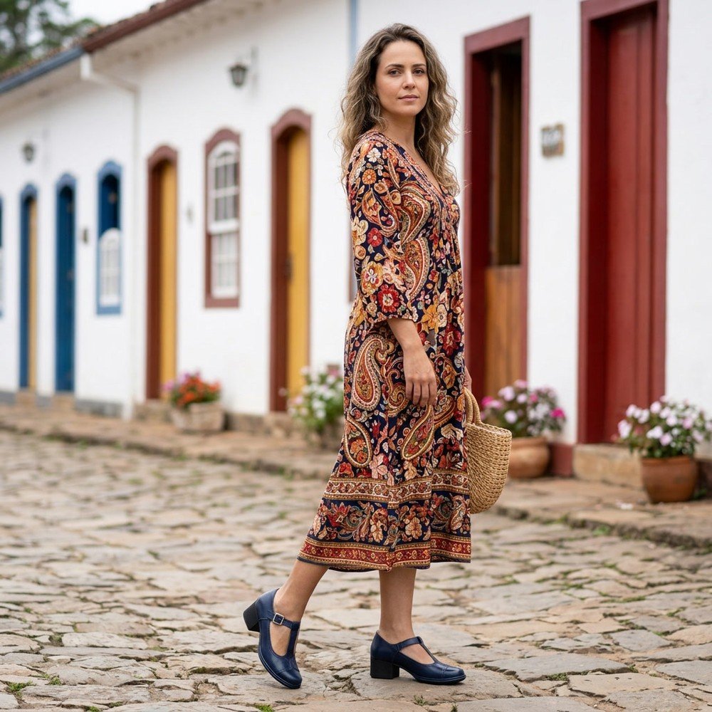 Foto ilustrativa: sapato Feminino J.Gean Boneca Couro Índigo FE0048 em uso, corpo inteiro