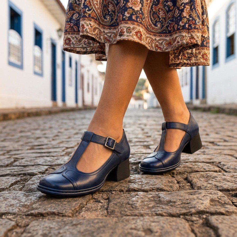 Foto ilustrativa: sapato Feminino J.Gean Boneca Couro Índigo FE0048 em uso