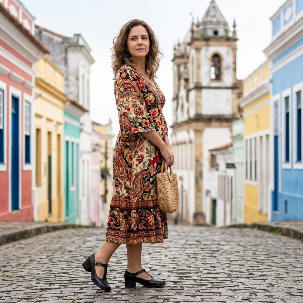 Foto ilustrativa: sapato Feminino J.Gean Boneca Couro Preto FE0048 em uso, corpo inteiro