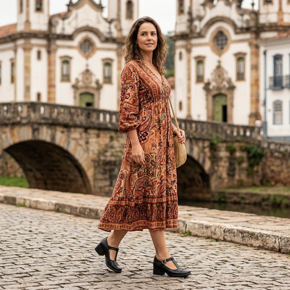 Foto ilustrativa: sapato Feminino J.Gean Boneca Couro Preto FE0048 em uso, corpo inteiro