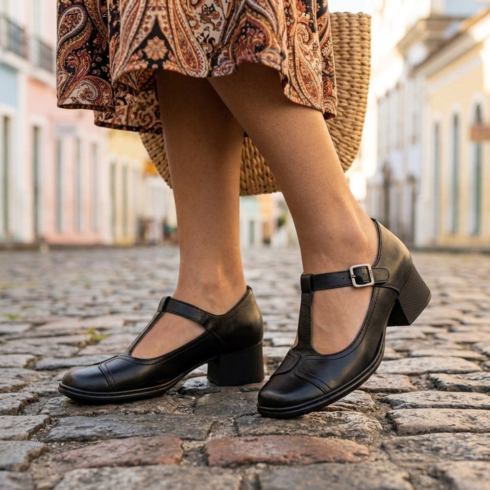 Foto ilustrativa: sapato Feminino J.Gean Boneca Couro Preto FE0048 em uso