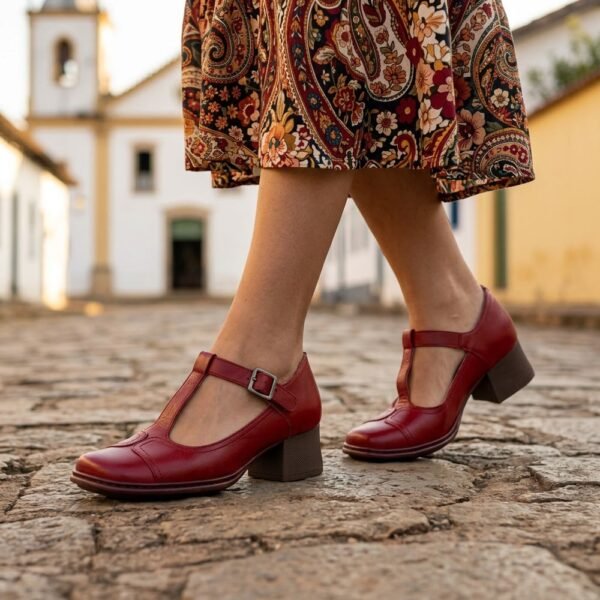 Sapato Feminino J.Gean Boneca Couro Vinho FE0048