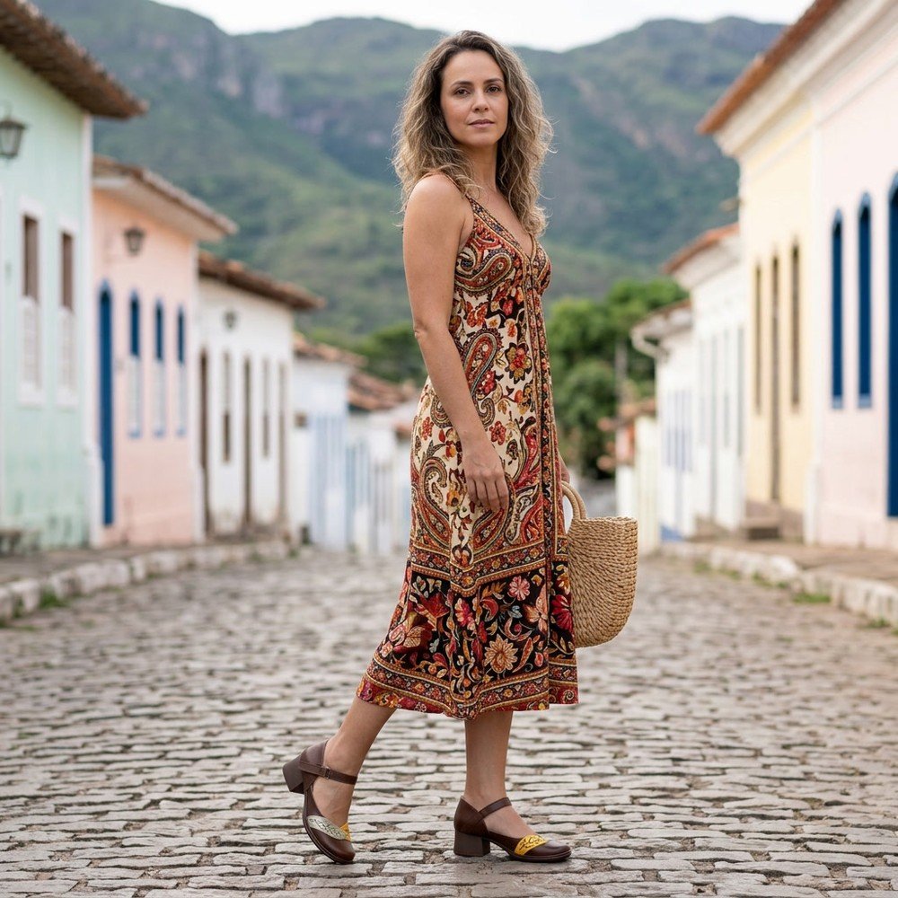 Foto ilustrativa: sapato Feminino J.Gean Boneca Couro Café FE0051 em uso, corpo inteiro